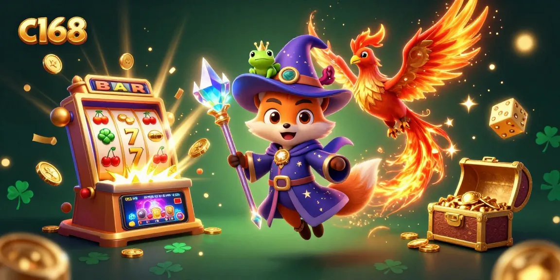 Experience the excitement of c168 casino with a magical scene of slot machines, golden coins, and mystical characters.