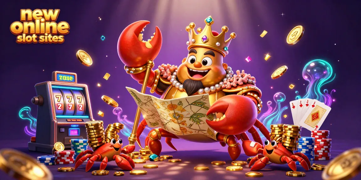 Experience excitement at new online slot sites with a golden crab emperor amidst vibrant game elements.