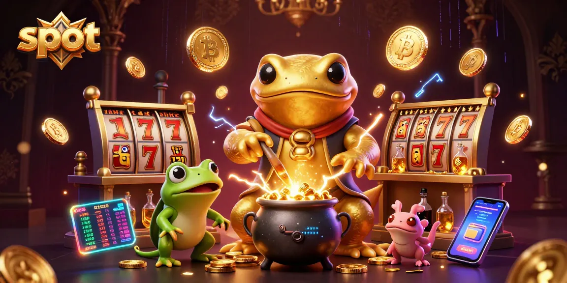 Spin the slot reels with golden salamanders and crypto coins in a vibrant casino scene.