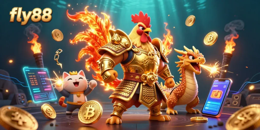 Experience fly88's animated gaming universe with a rooster warrior and dragon amidst crypto and slot game elements.