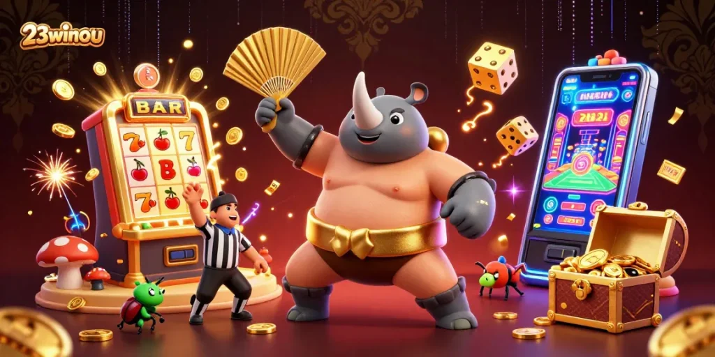 Experience thrilling moments with 23winou as a rhinoceros beetle sumo champion stomps for big wins.