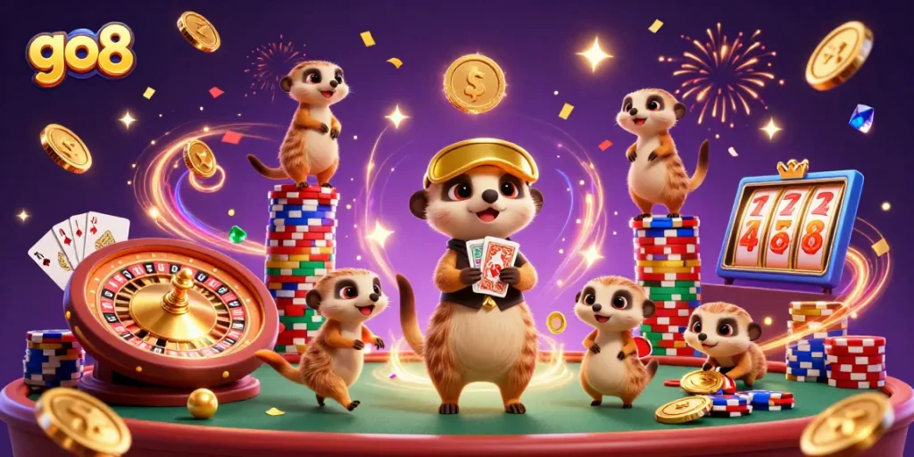 Win big at go8 casino with meerkats overseeing vibrant gaming action and sparkling rewards.