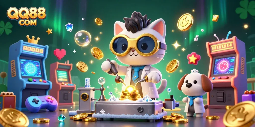 Experience thrilling gameplay with QQ88 COM amidst vibrant casino elements in this stunning illustration.