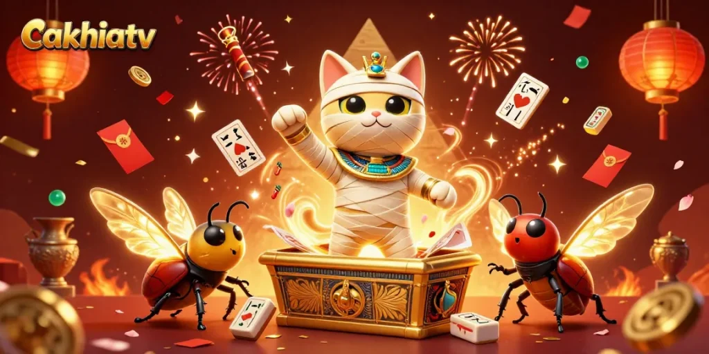CakhiaTV brings excitement as a mummy cat host spins golden reels in a casino scene.