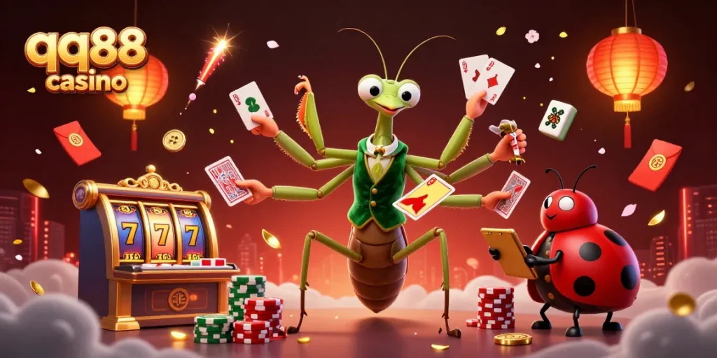Experience thrilling games at qq88 casino with a vibrant scene filled with animated characters and engaging elements.