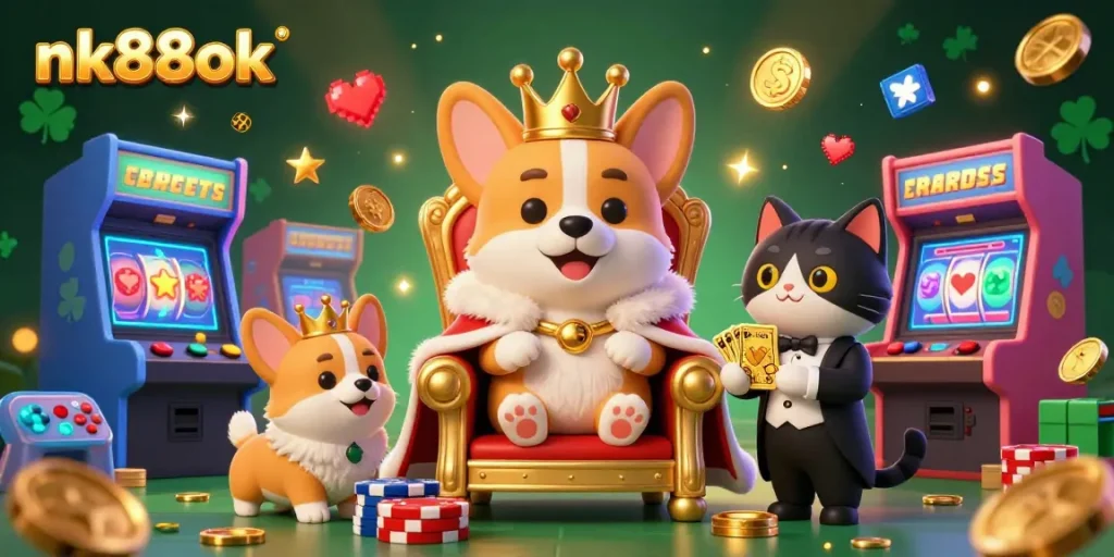 Engage with nk88ok for thrilling gambling experiences amid vibrant casino-themed artworks.