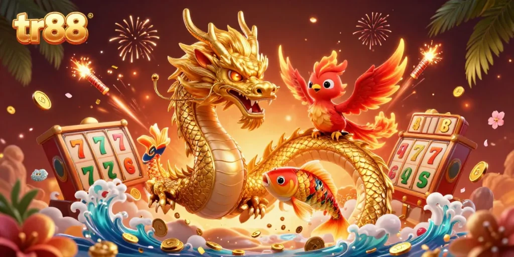 Experience thrilling wins at tr88 with a golden dragon, phoenix, and koi fish in a vibrant casino scene.