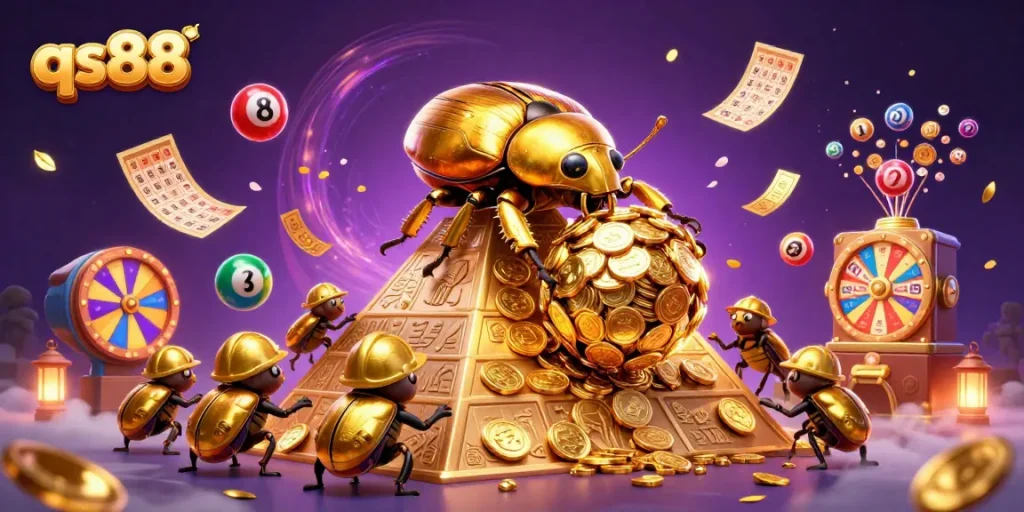 Experience thrilling victories at qs88 with a golden beetle rolling jackpot coins in a vibrant casino scene.