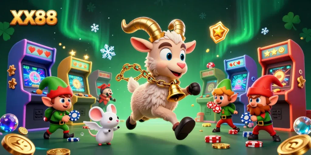 Engage in festive gaming at XX88's holiday-horror casino, featuring vibrant characters and arcade elements.