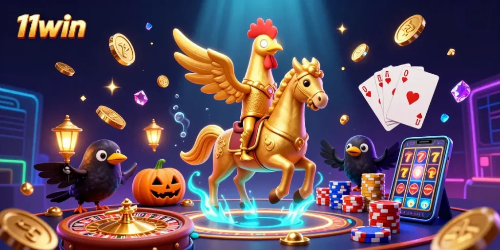 Experience the thrill of 11win in a vibrant casino scene with a golden rooster and glowing elements.