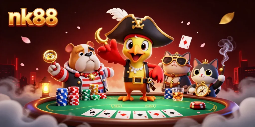 nk88 showcases thrilling live poker with a pirate theme in a vibrant illustration, capturing excitement and detail.
