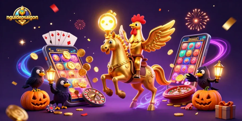 Experience the thrill of nguoidepsaigon with our vibrant, magical casino scene featuring a winning rooster and festive elements.