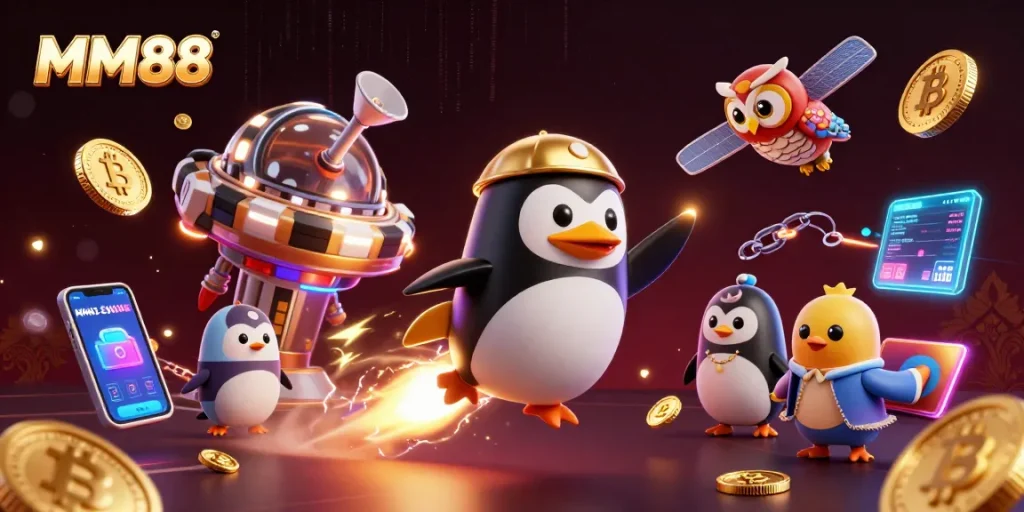 MM88 offers an electrifying experience with a penguin soaring through a cosmic casino adventure.