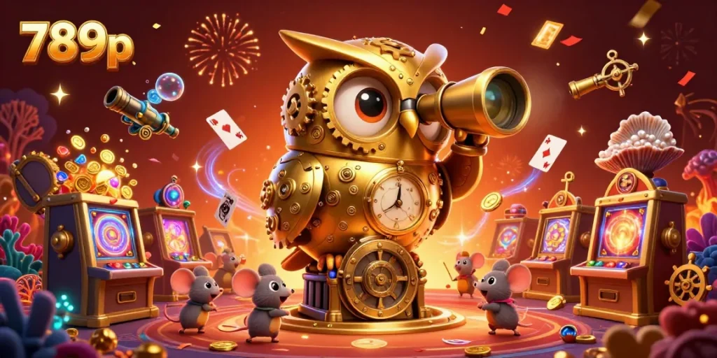 Experience the excitement of 789p with a 3D casino scene showcasing a golden owl and lively gaming action.
