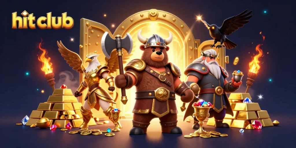 Join the hit club for thrilling adventures with a Viking bear and a Valkyrie eagle amidst gold treasures.